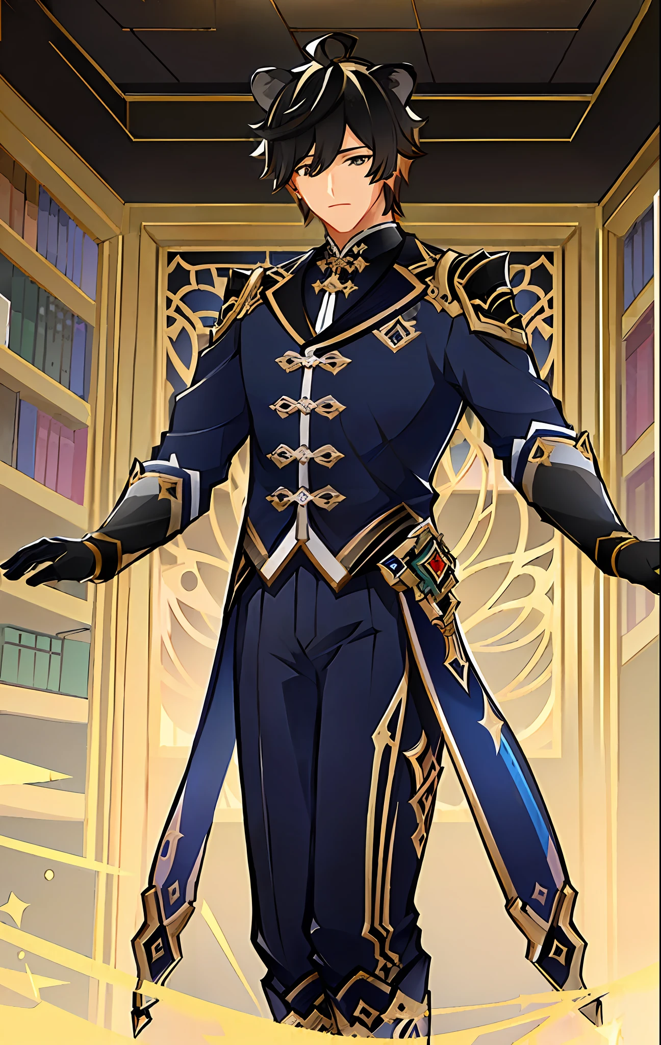 "(((Masterpiece))), best quality, ultra-detailed, dark blue Zhongli (male, athletic) from Genshin Impact, with lion ears, intricately detailed clothing, emanating calmness, standing against magic library background."