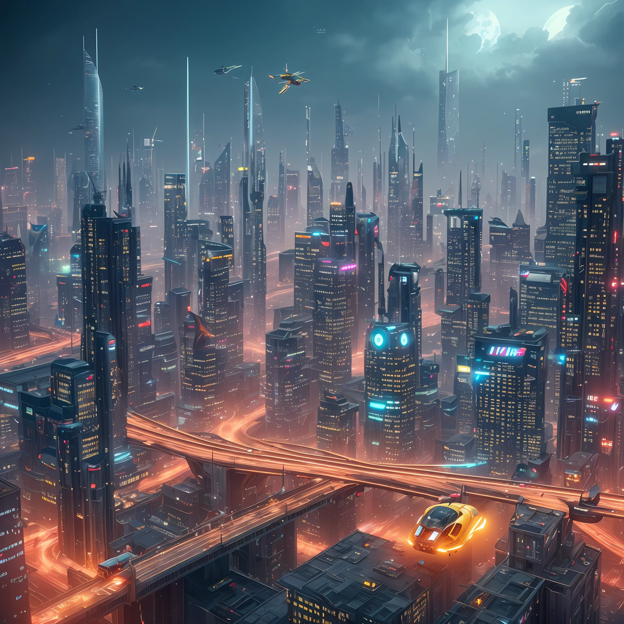 A flying car, a city of the future, many skyscrapers, bridges, towers, blade runner style, hyper-realistic, octane render, realistic, cinematic, 8K, very intricate, 80s, night, yellow and red neons