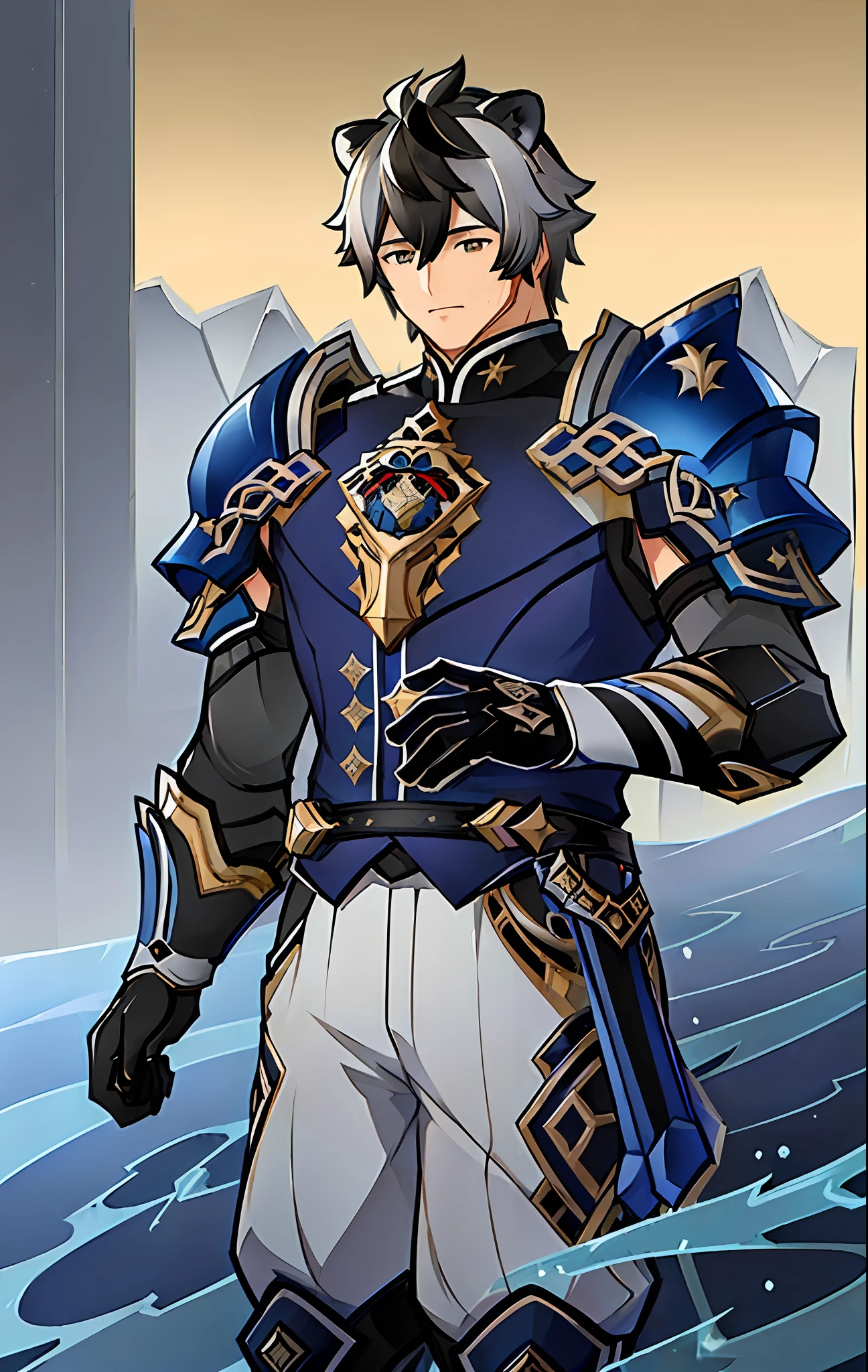 "(((Masterpiece))), best quality, ultra-detailed, dark blue Fatui (male, athletic) from Genshin Impact, with lion ears, intricately detailed armor, emanating calmness, standing against dramatic black stone pillars background.."