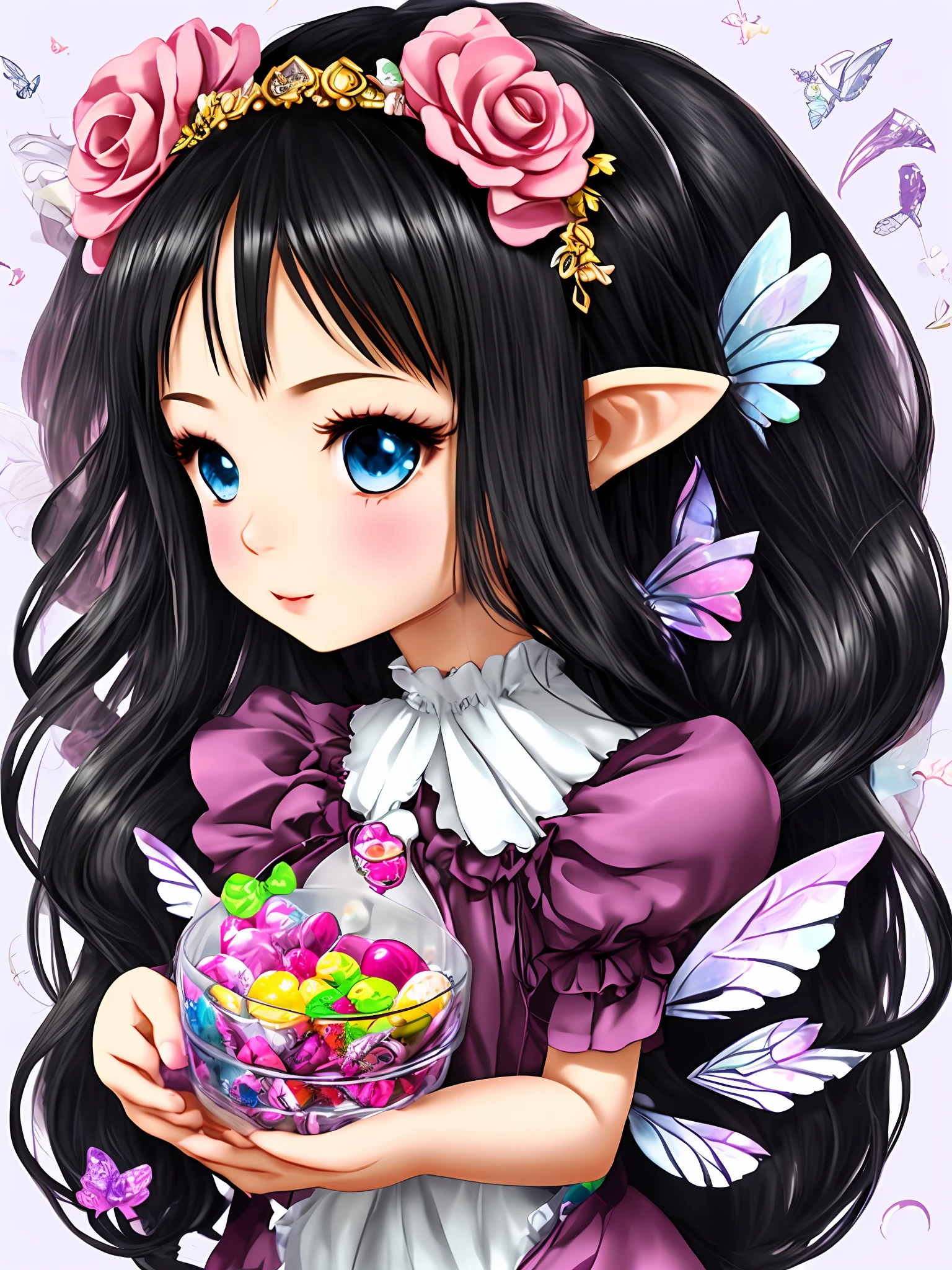 create a beautiful fairy with black hair and surrounded by sweets, chibi style, sticker