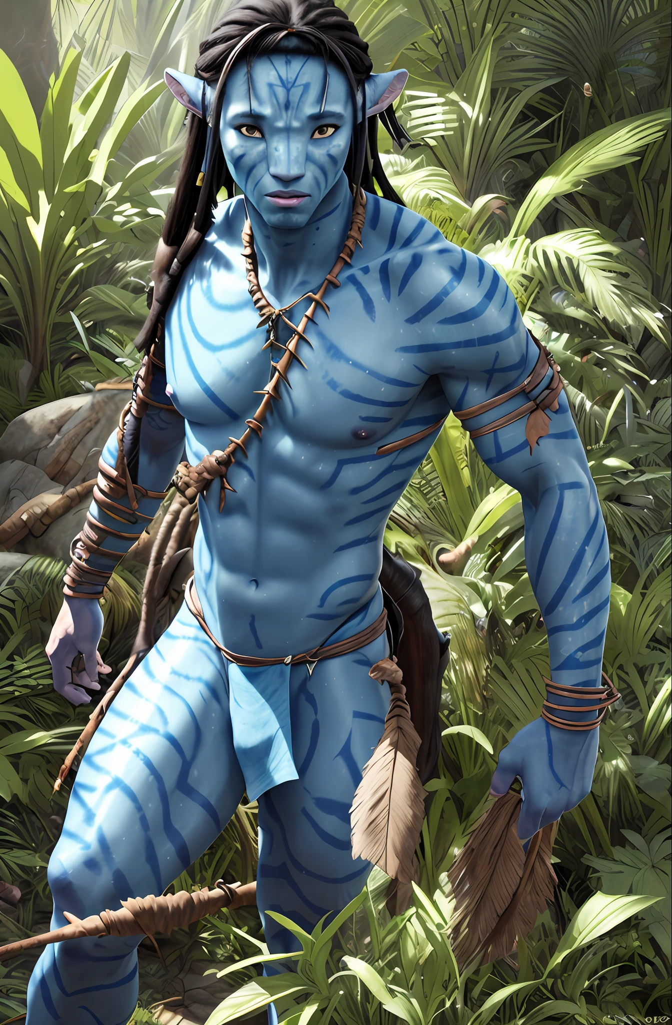 Lo'ak, (proportional eyes, detailed face, detailed eyes), (realistic: 1.5), photorealistic, hyper realistic, extremely detailed, hyper detailed, soft lighting, detailed background, extreme detail background, sharp details, ((full body)), ((male, male)) navi, blue skin, warrior, leather armor, bow in hand, movie style Avatar: path of the waters