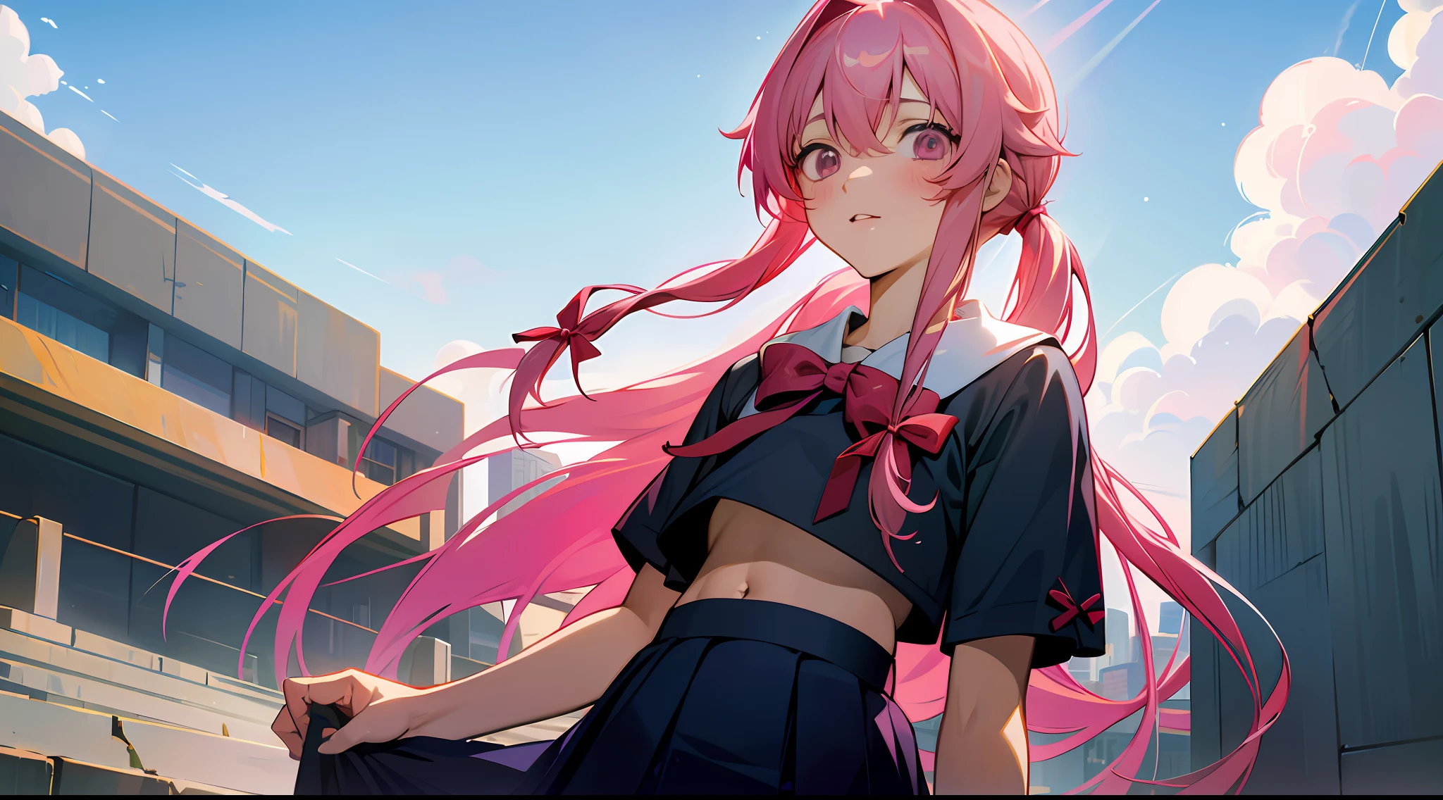 masterpiece, best quality, highres, close up, absurdres, 1girl, crowd, skirt, pink hair, gasai yuno, yunouniform, crop top, navel, from below, revealing clothes, skindentation, outdoors, sunlight, street, looking at viewer, blush