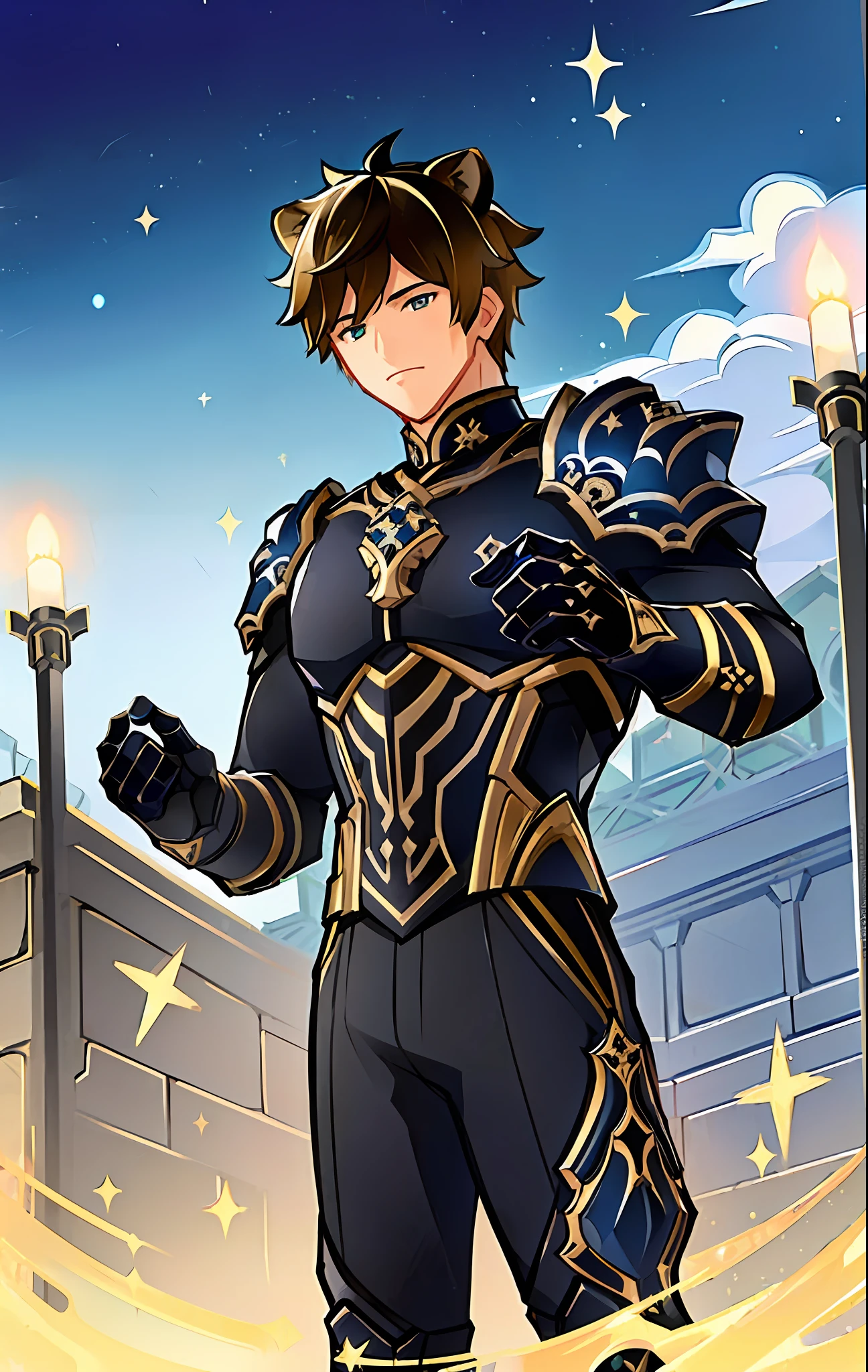 "(((Masterpiece))), best quality, ultra-detailed, dark blue Venti (male, athletic) from Genshin Impact, with lion ears, intricately detailed plate armor, emanating calmness, standing against dramatic black stone pillars background.."