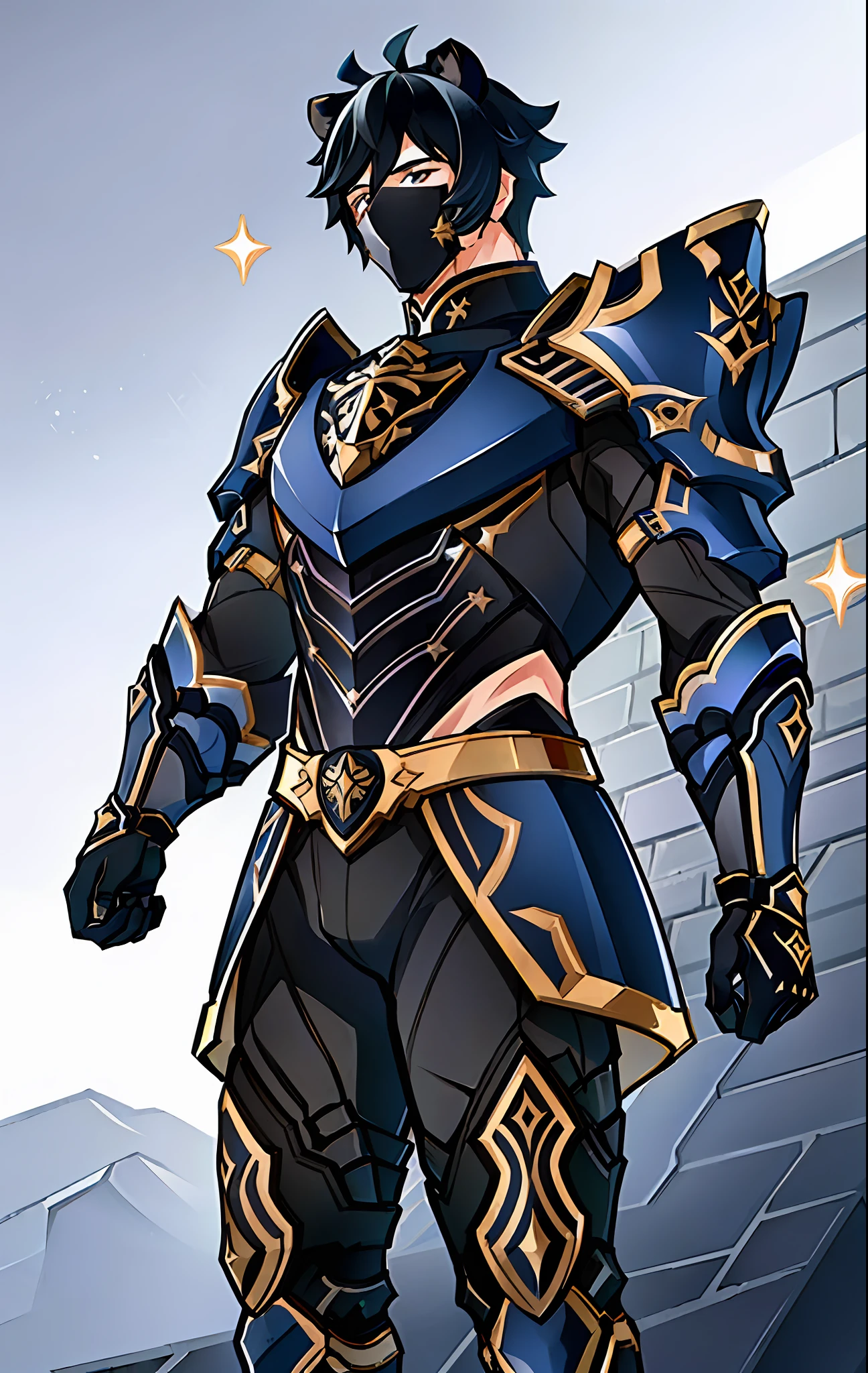 "(((Masterpiece))), best quality, ultra-detailed, dark blue Venti (male, athletic) from Genshin Impact, with lion ears, intricately detailed plate armor, emanating calmness, standing against dramatic black stone pillars background.."