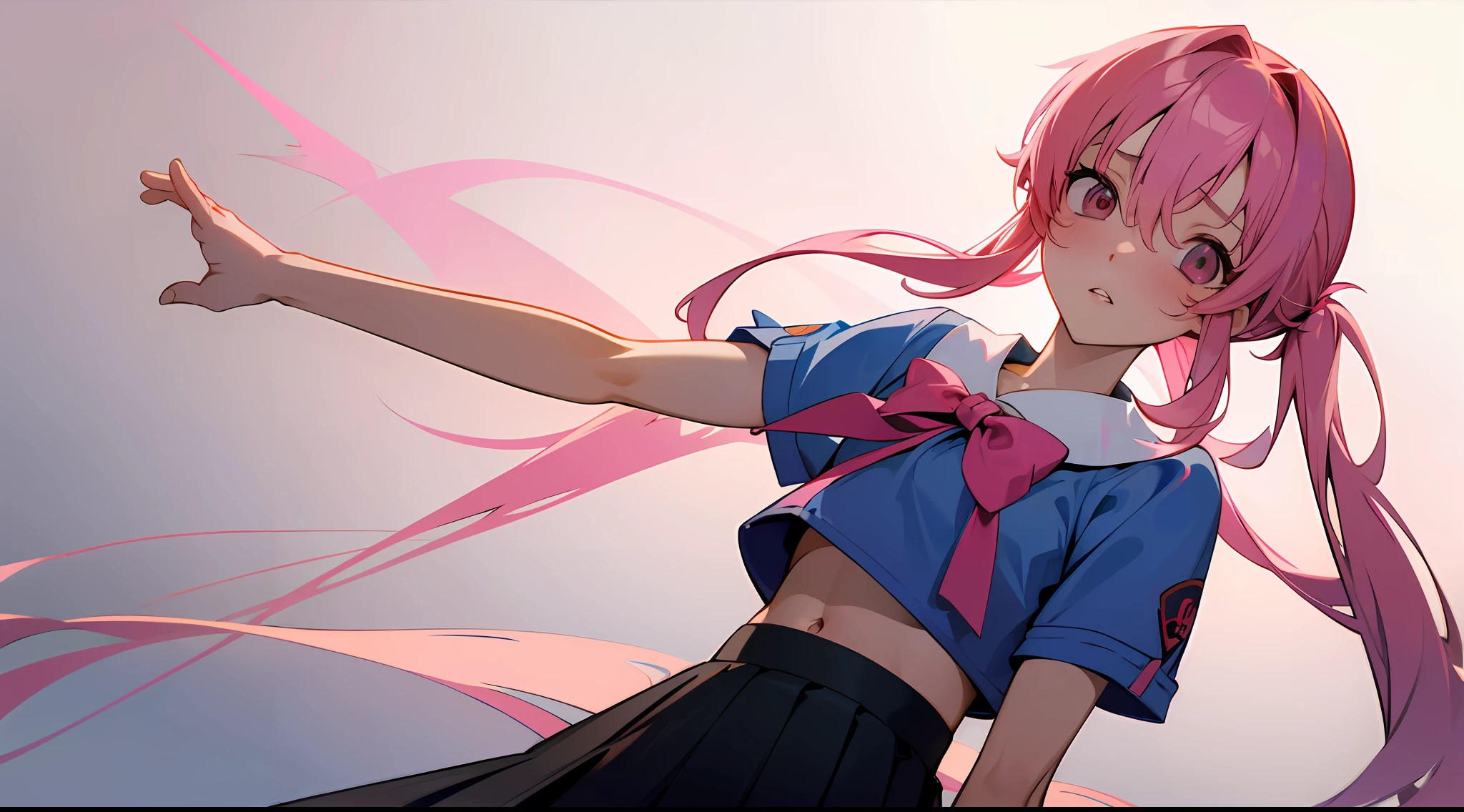 masterpiece, best quality, highres, close up, absurdres, 1girl, crowd, skirt, pink hair, gasai yuno, yunouniform, crop top, navel, from below, revealing clothes, looking at viewer, blush, wallpaper
