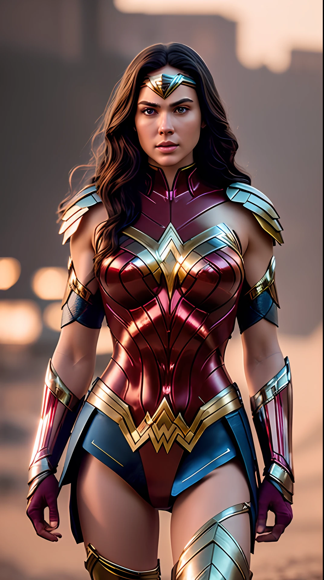 Cinematic soft lighting illuminates a stunningly detailed and ultra-realistic Wonder Woman red and blue armor that is trending on ArtStation. Octane is the perfect tool to capture the softest details of this 16k photography masterpiece