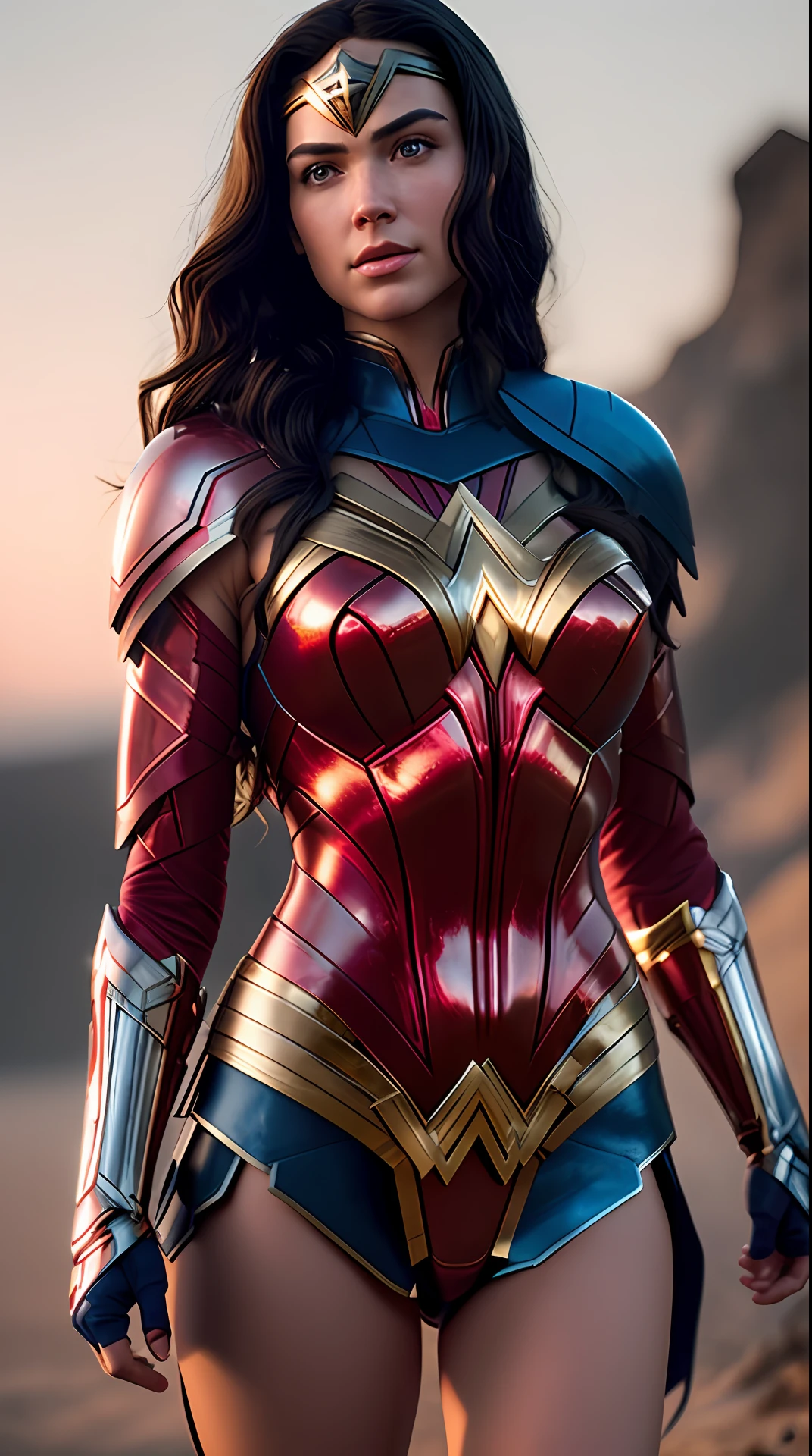 Cinematic soft lighting illuminates a stunningly detailed and ultra-realistic Wonder Woman red and blue armor that is trending on ArtStation. Octane is the perfect tool to capture the softest details of this 16k photography masterpiece