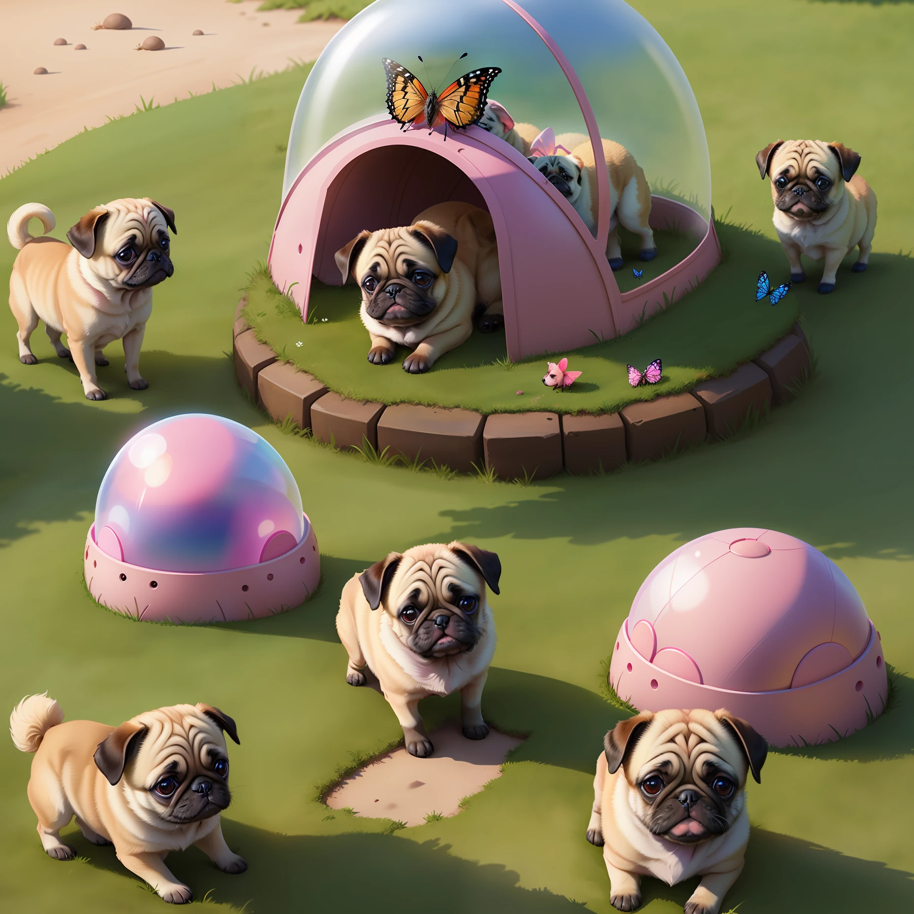 Four pug puppies with a pink bow between their ears are sitting on the grass near an anthill, around them is a transparent spherical dome on which butterflies are sitting, cartoon
