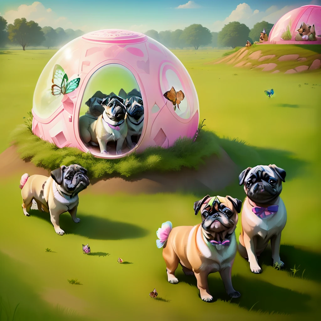 Four pug puppies with a pink bow between their ears are sitting on the grass near an anthill, around them is a transparent spherical dome on which butterflies are sitting, cartoon