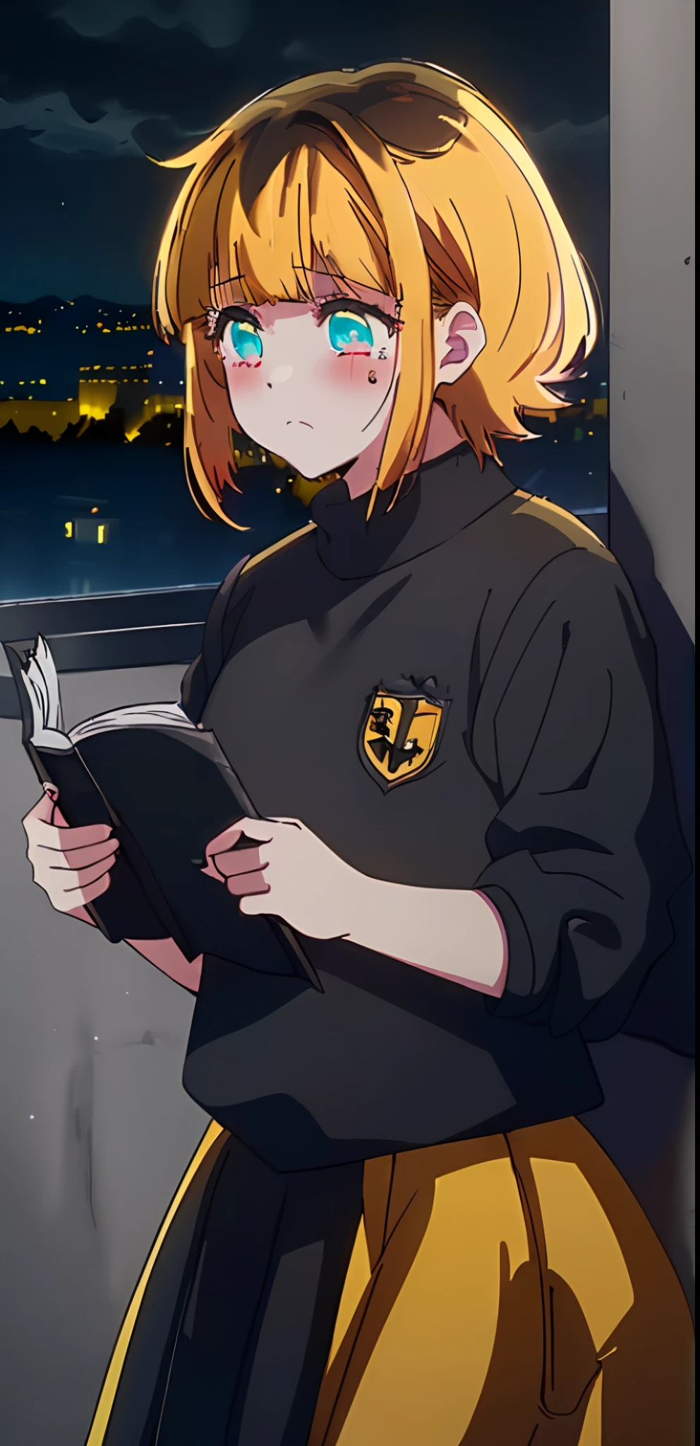 1girl, solo, thoughtful, thinking, heaviness, hard choice, abstraction, emotions, torment, guilt, closer view, looking at viewer, knife,pupils, ((yellow and black colors)), ((yellow and black palette)), (((noir))), (((noir style)), sitting, crying in corner, sad face, corner of wall background, crying, wearing school uniform, reaching out, reading script, ((dark setting)), ((night time))