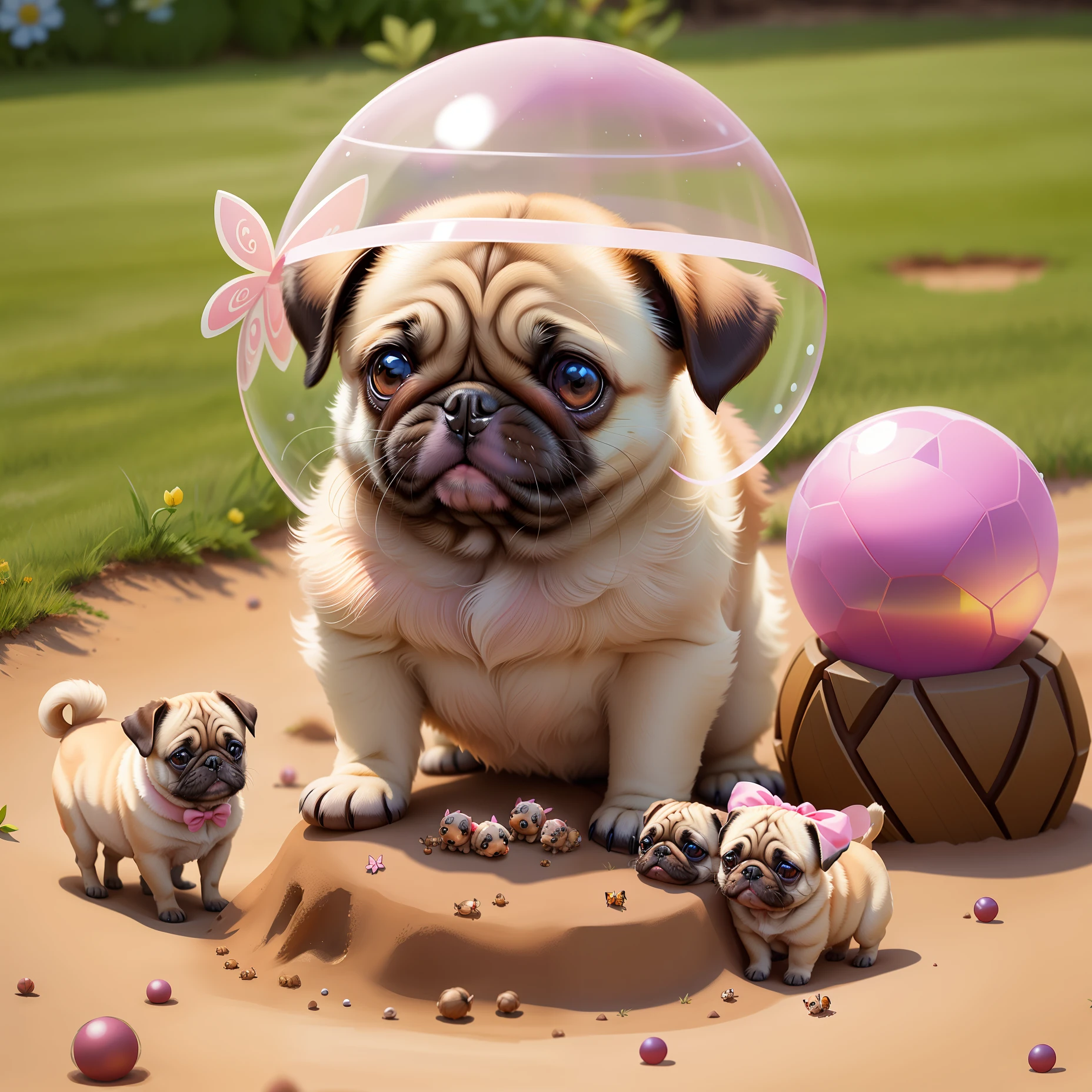 Four pug puppies with a pink bow between their ears are sitting on the grass near an anthill, around them is a transparent spherical dome on which butterflies are sitting, cartoon