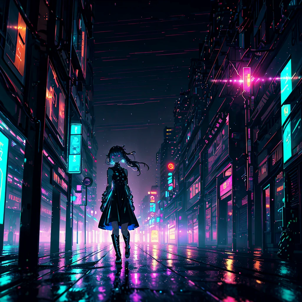 (extremely detailed CG unity 8k wallpaper,masterpiece, best quality, ultra-detailed),(best illumination, best shadow, an extremely delicate and beautiful),floating,high saturation,

[(dynamic angle,((post-human girl)),(cyberpunk)+humanoid, drenched as if being rained on, with (glowing eyes+metallic skin:1.2+ white dress+black high boots), standing in the middle of a neon city, amidst the pitter-patter of synthetic rain:0.9):(wide shot,depth of field,Tokyo-like cityscape,neon lights,glowy,electric, shining,futuristic):0.8]