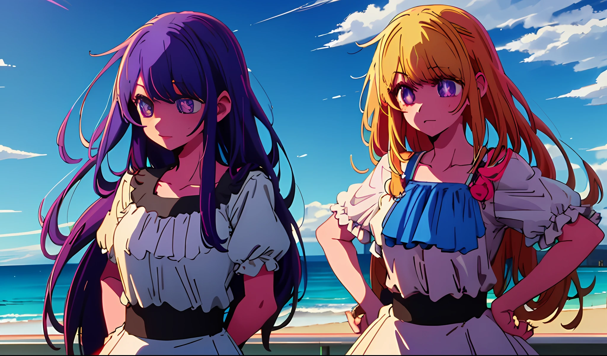 2girls, masterpiece, best quality, night, hill, clouds, full moon, long hair, diaphragm. First girl blonde hair, second girl purple hair, beach background, girl school uniform