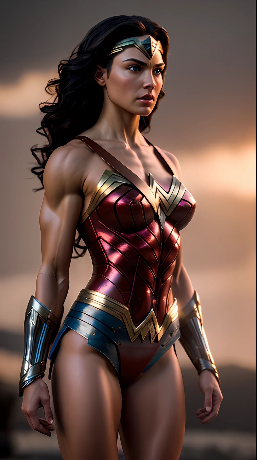 Cinematic soft lighting illuminates a stunningly detailed and ultra-realistic super strong, muscular Wonder Woman that is trending on ArtStation. Octane is the perfect tool to capture the softest details of this 16k photography masterpiece