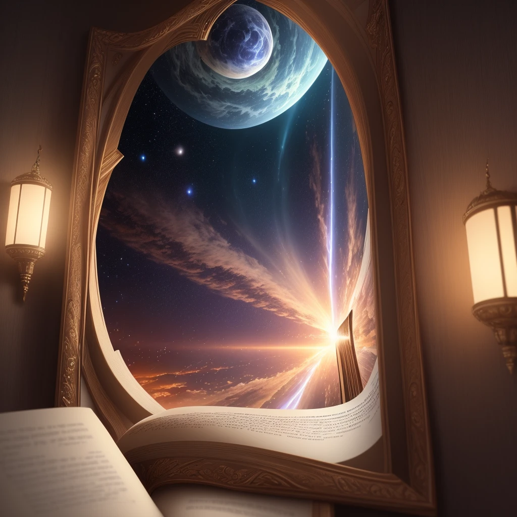 open book with the universe coming out from within the pages ,(masterpiece),(extremely detailed CG unit 8k wallpaper), best quality, solo, cinematic lighting, detailed background, ultra realistic, 8k