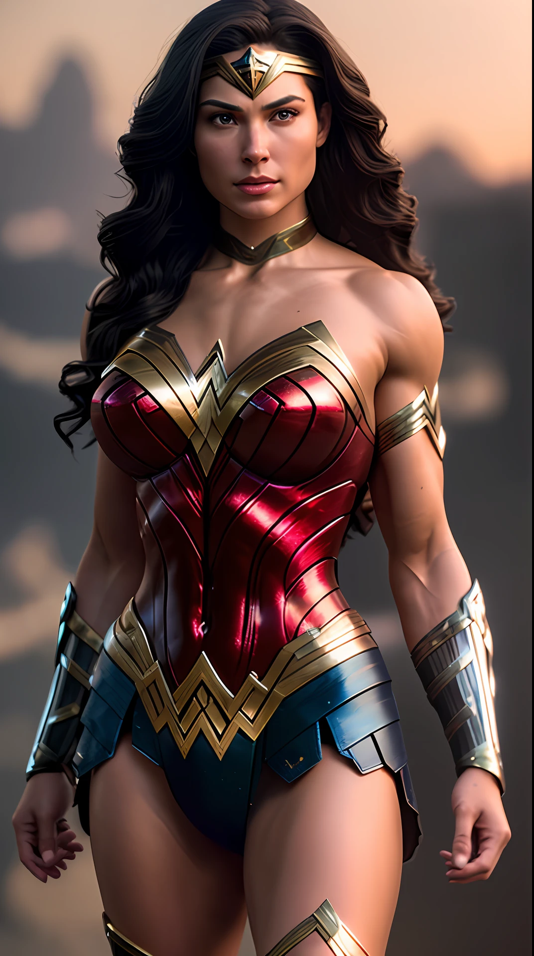 Cinematic soft lighting illuminates a stunningly detailed and ultra-realistic super strong, muscular Wonder Woman that is trending on ArtStation. Octane is the perfect tool to capture the softest details of this 16k photography masterpiece