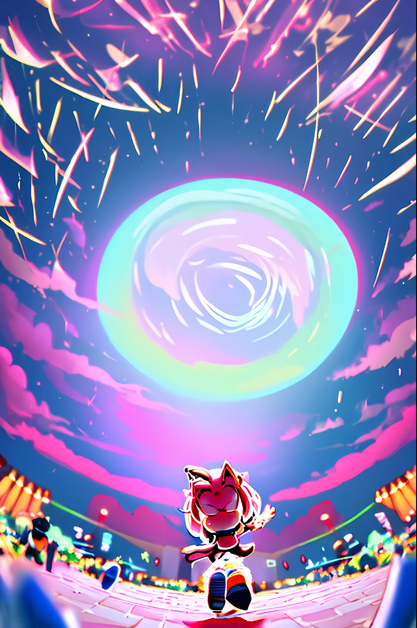 amy rose, full body, guitar, stage, jumping, crowd, casual clothes, masterpiece, soft lighting, very detailed, detailed background, field of view, intricate details, pastel