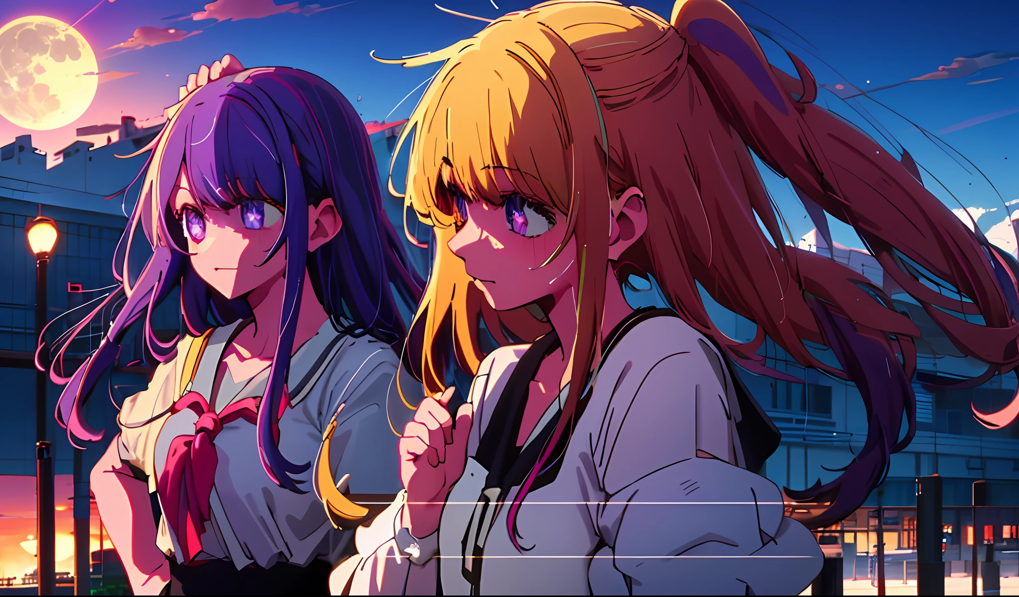 2girls, masterpiece, best quality, night, hill, clouds, full moon, long hair, diaphragm. First girl blonde hair, second girl purple hair, Tokyo city background, girl school uniform