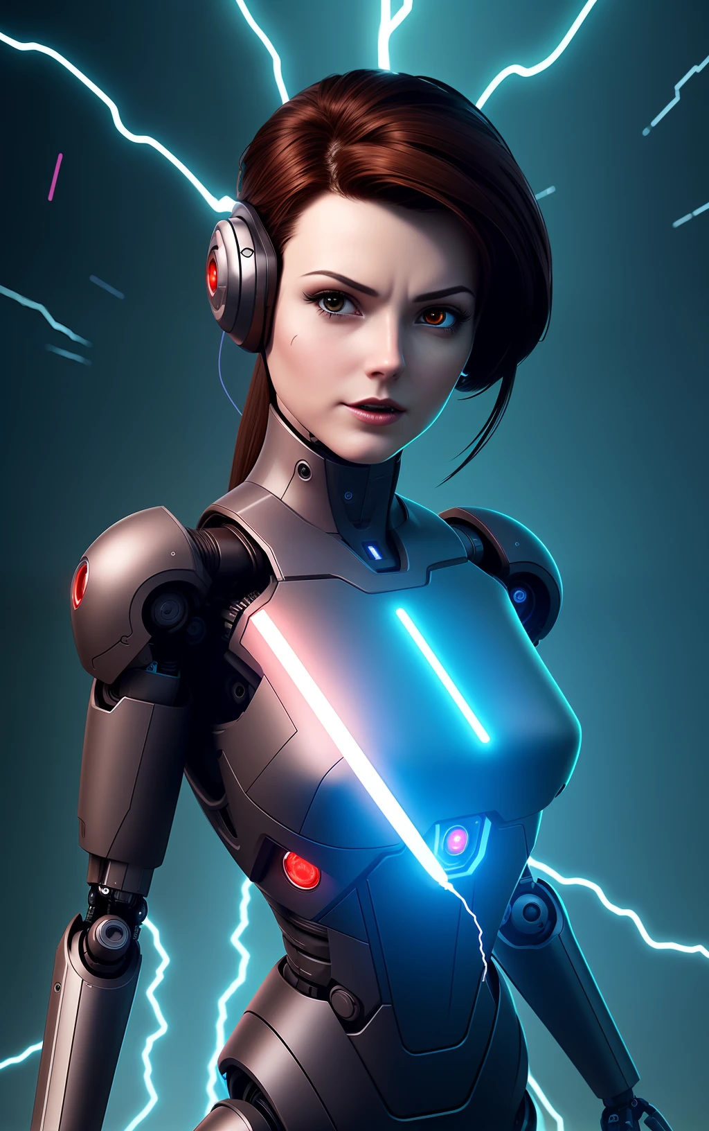 Robotic woman android with dark brown hair, with several lightning bolts coming out of her head.