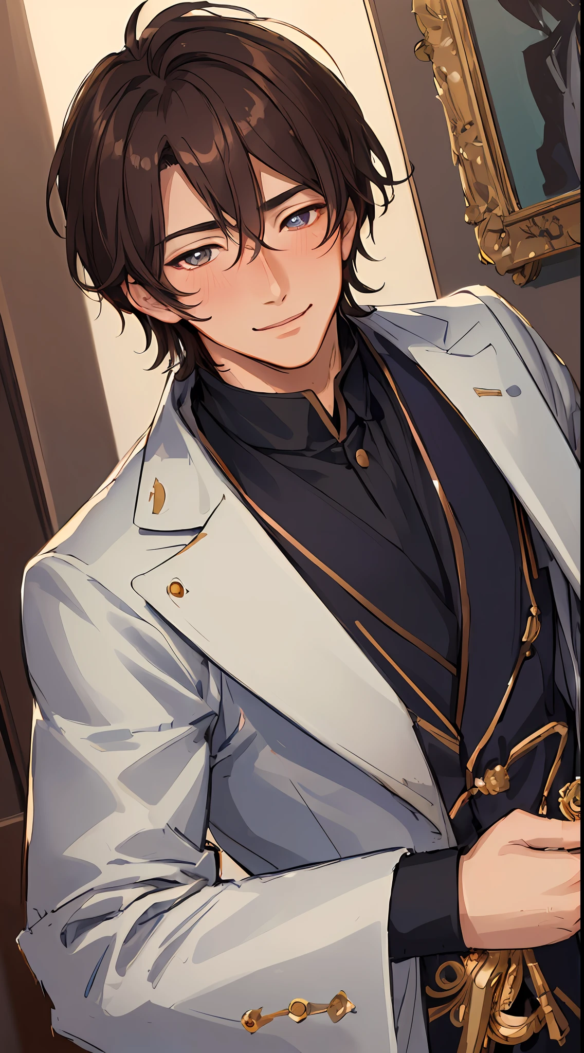 ((highest quality, masterpiece, 4k, finely detailed, gelbooru, pixiv)), finely detailed eyes and detailed face, warm lighting, ((solo)), 1 male, dult male, very handsome, masculine, broad shoulders, closeup of face, portrait, very detailed face, slight blush on cheeks, smiling, gentle eyes, long dark hair, doctor's outfit