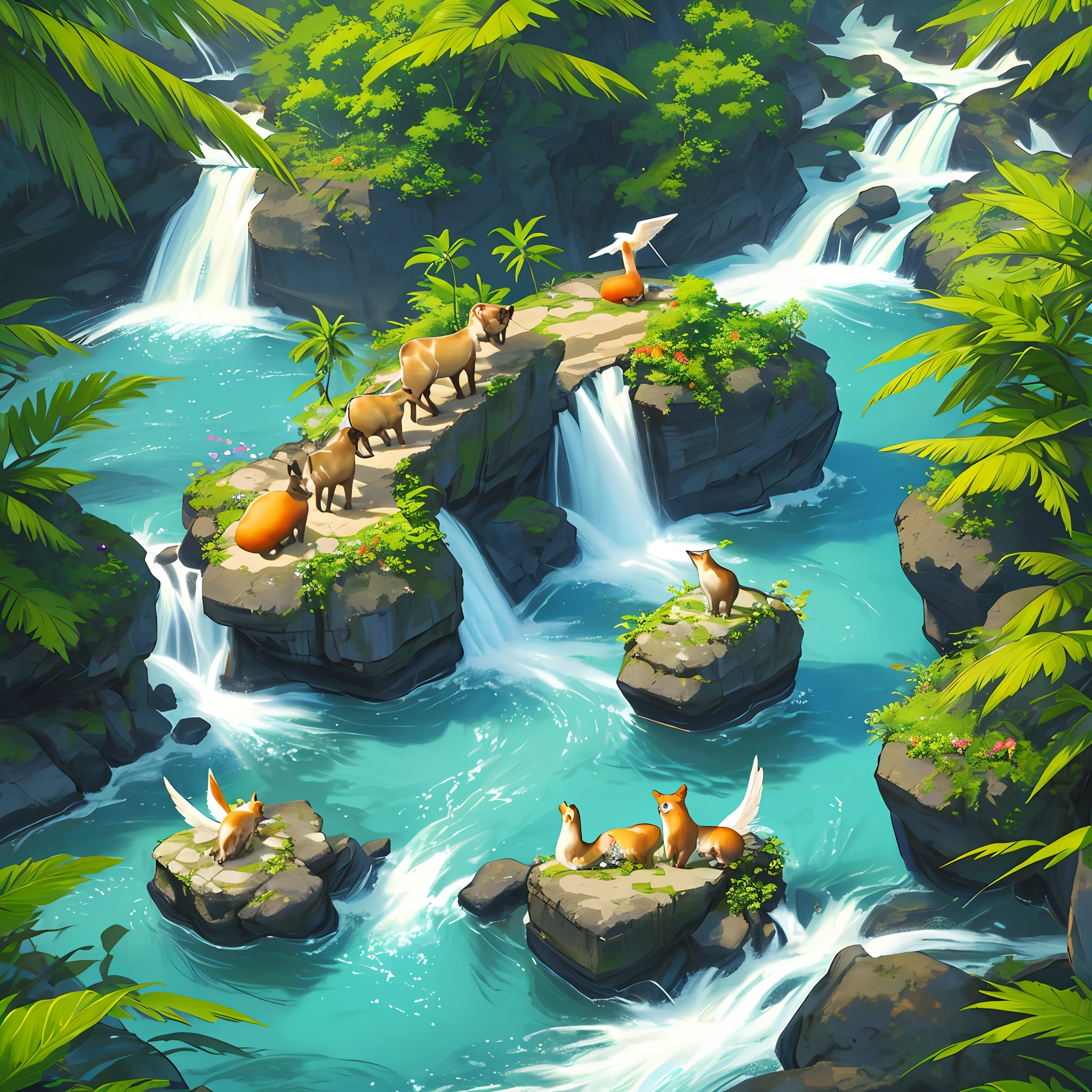 Paradise, many different animals, angels, fruits, rivers, nature, living and strong corea, 8k quality