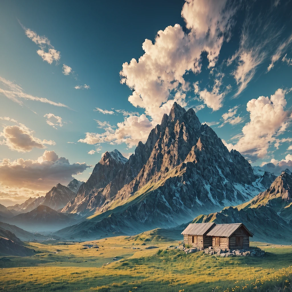 Summer, heaven, mountains, valley, small hut at hill, large clouds, blue sky, hot cold weather, HD detail, hyper-detail, cinematic, golden hour, ray tracing, and surrealism. --v6