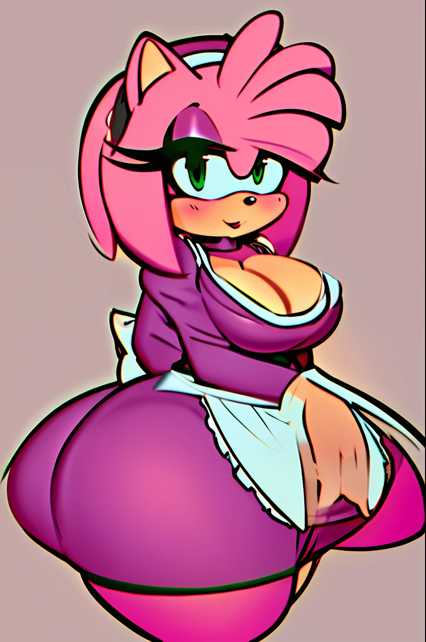 1girls, amy rose, maid dress, maid outfit, cute, voluptuous, thick thighs, gigantic breasts, makeup, hyper breasts, wide hips, anime artstyle, busty, solo, curvaceous