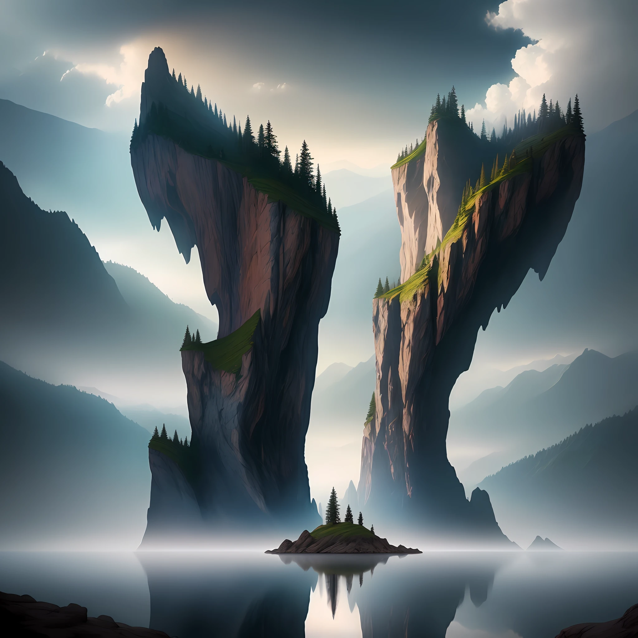 A photography that captures the essence of a magical dream - like world. An epic and legendary cliff that overhangs a beautiful lake, with surreal and vibrant colors illuminating its reflection. The atmosphere is otherworldly, with soft evening light casting ethereal shadows. The image creates a sense of depth and mystery, as if the viewer is being transported to another dimension. The effect is amplified by the use of double exposure, creating a beautiful and haunting composition.
