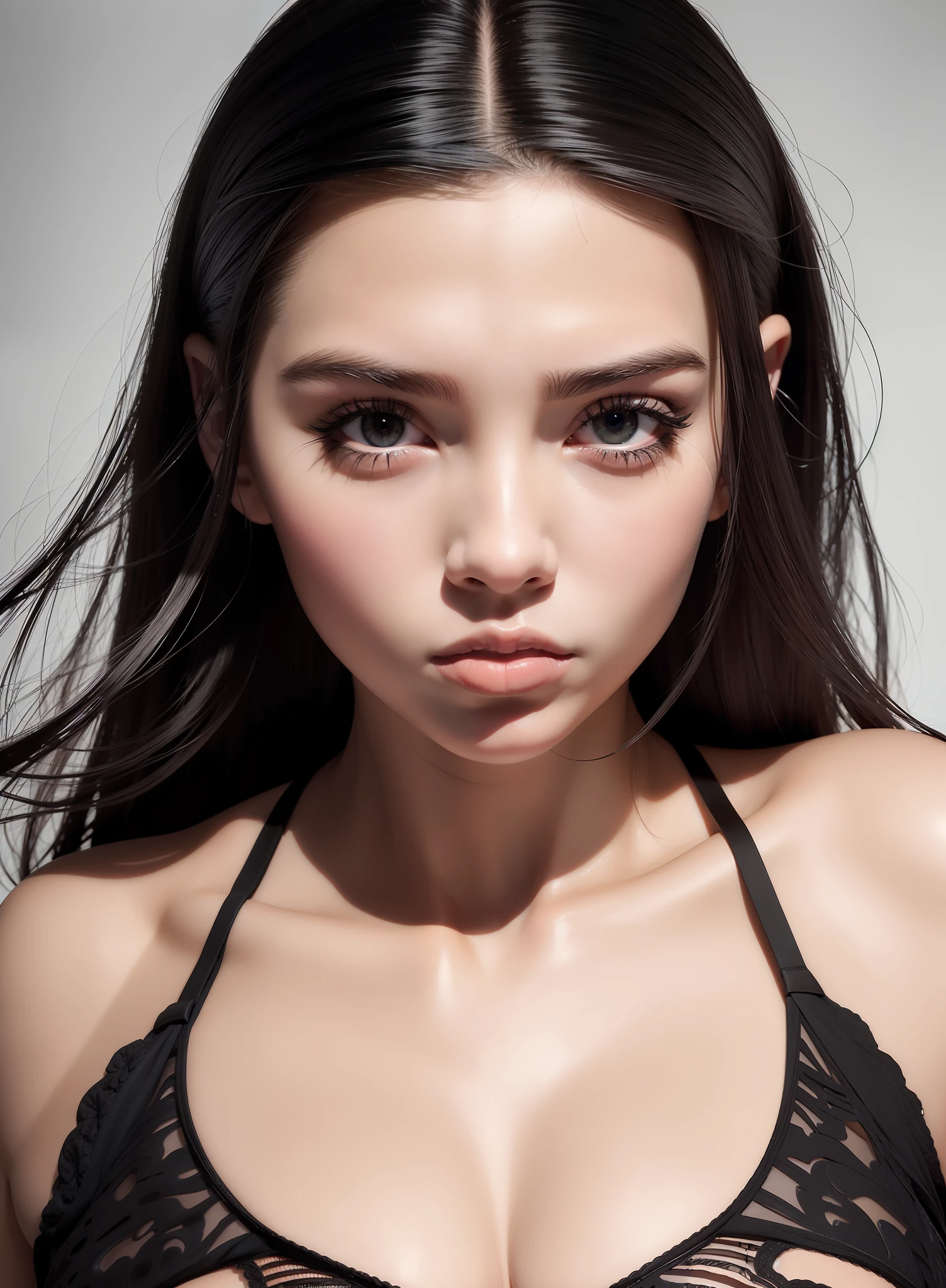 White woman, straight black and large hair, hyper detailed, ultra sharp, 8k, (insanely detailed:1.5), 20 megapixels, Canon eos r3 camera