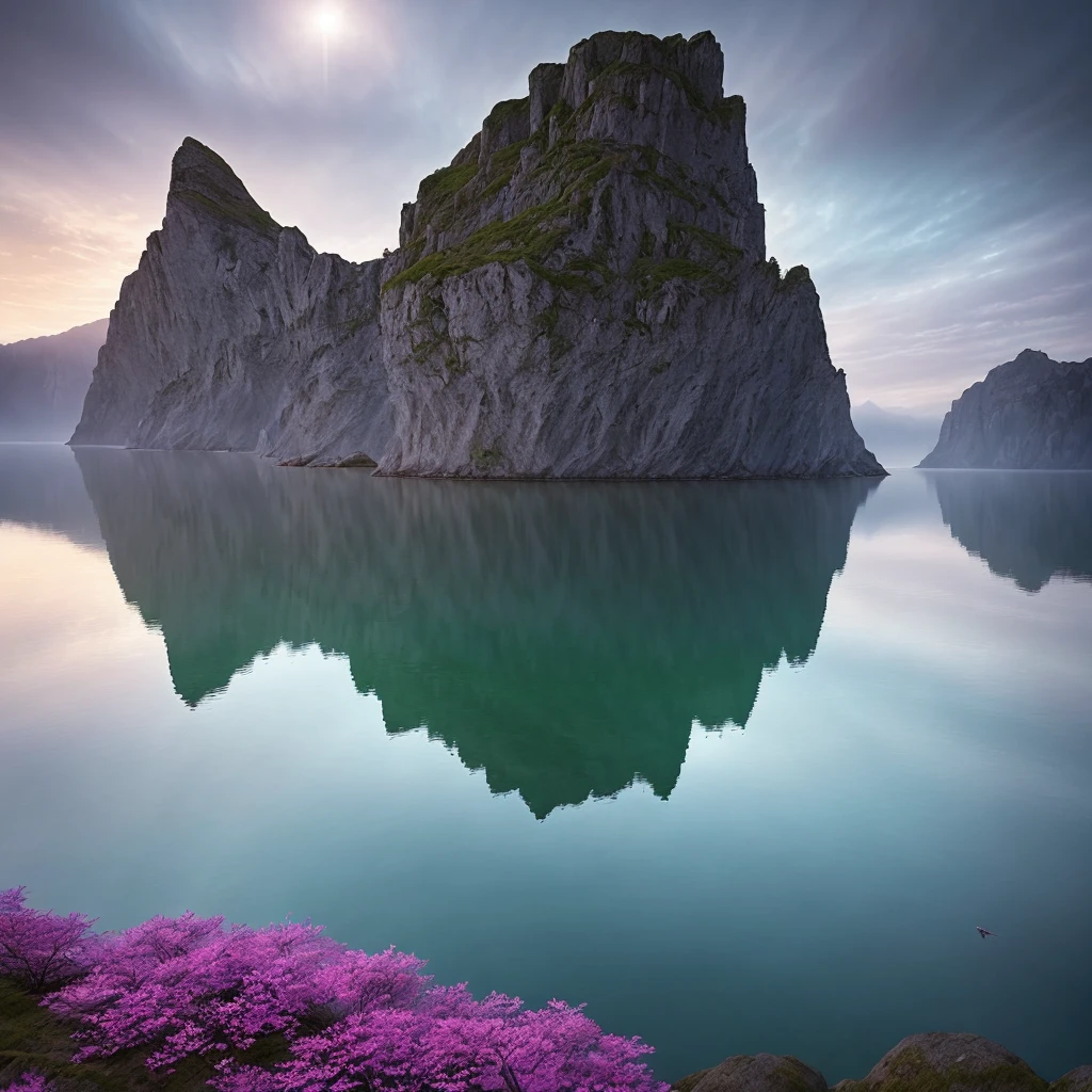 A photography that captures the essence of a magical dream - like world. An epic and legendary cliff that overhangs a beautiful lake, with surreal and vibrant colors illuminating its reflection. The atmosphere is otherworldly, with soft evening light casting ethereal shadows. The image creates a sense of depth and mystery, as if the viewer is being transported to another dimension, creating a beautiful and haunting composition. Shot with a Canon EosIII Zeiss 120mm wide