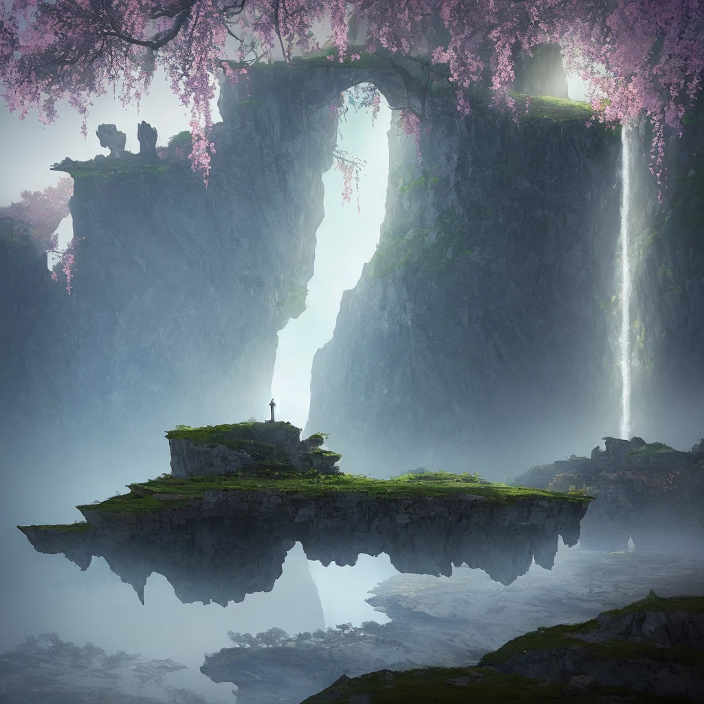 A photography that captures the essence of a magical dream - like world. An epic and legendary cliff that overhangs a beautiful lake, with surreal and vibrant colors illuminating its reflection. The atmosphere is otherworldly, with soft evening light casting ethereal shadows. The image creates a sense of depth and mystery, as if the viewer is being transported to another dimension, creating a beautiful and haunting composition. Shot with a Canon EosIII Zeiss 120mm wide