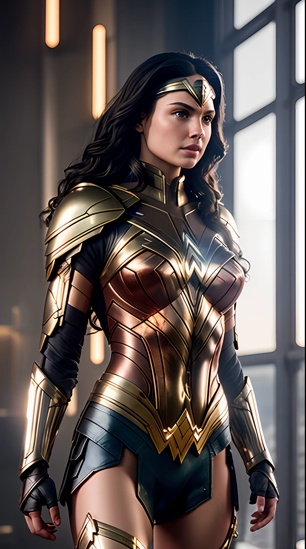 Cinematic soft lighting illuminates a stunningly detailed and ultra-realistic Wonder Woman futuristic armor that is trending on ArtStation. Octane is the perfect tool to capture the softest details of this 16k photography masterpiece