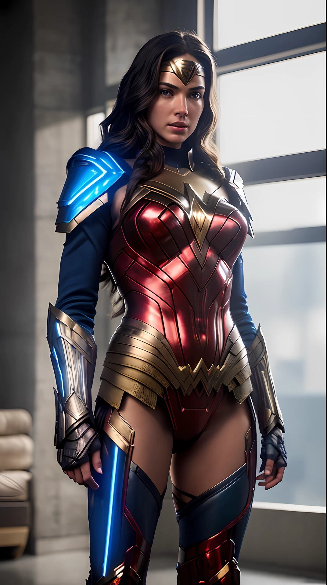 Cinematic soft lighting illuminates a stunningly detailed and ultra-realistic Wonder Woman red and blue futuristic armor that is trending on ArtStation. Octane is the perfect tool to capture the softest details of this 16k photography masterpiece