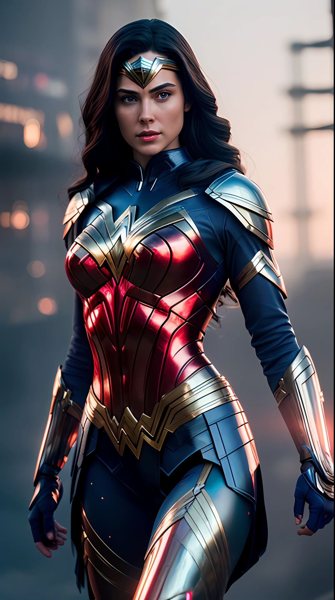 Cinematic soft lighting illuminates a stunningly detailed and ultra-realistic Wonder Woman red and blue futuristic armor that is trending on ArtStation. Octane is the perfect tool to capture the softest details of this 16k photography masterpiece
