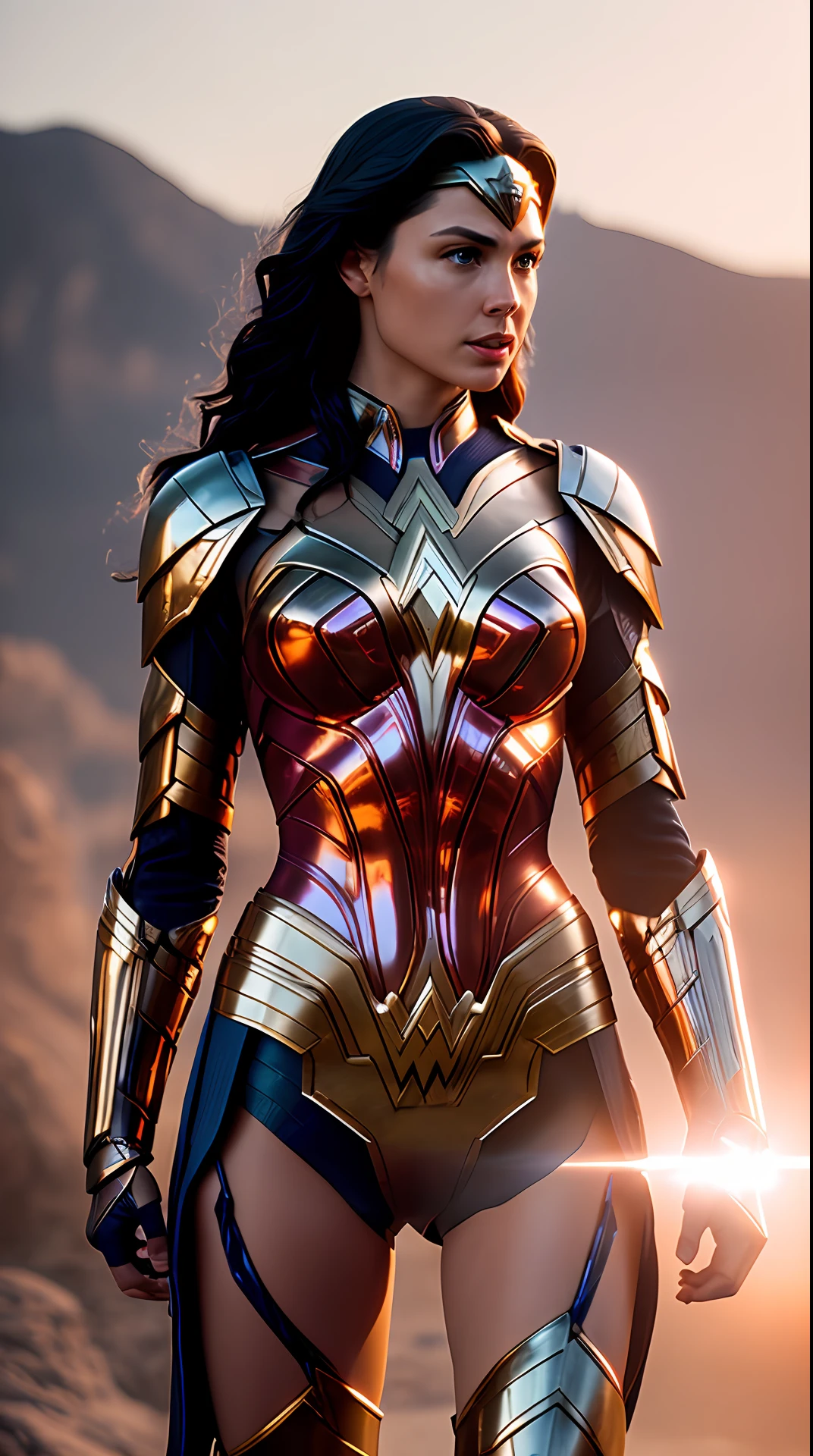 Cinematic soft lighting illuminates a stunningly detailed and ultra-realistic Wonder Woman red and blue futuristic armor that is trending on ArtStation. Octane is the perfect tool to capture the softest details of this 16k photography masterpiece