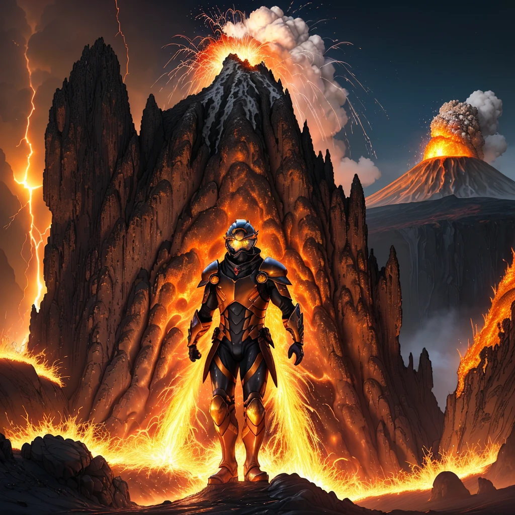 from head to toes, view from distance, masterpiece, the most beautiful artwork in the world, best quality, sharp focus, perfect face, detailed face, detailed eyes, 1boy, pale skin, adult, white hair, long hair, yellow eyes, wearing (thick red and black armored suit, goggles, heavy boots, ash covered helmet, scorched gloves, look of awe and wonder:1.2), (stands with arms outstretched, surveying the incredible scene, basked in the warm glow of the molten magma), detailed intricate scene of (Inside the active volcano, glowing pools of magma, towering walls of molten rock, intense heat, molten rivers flowing down the slopes, clouds of ash and steam, piles of volcanic rock, occasional eruptions of bright sparks and ash:1.2), 8k high definition, detailed hands, (covered face), dark fantasy, dnd