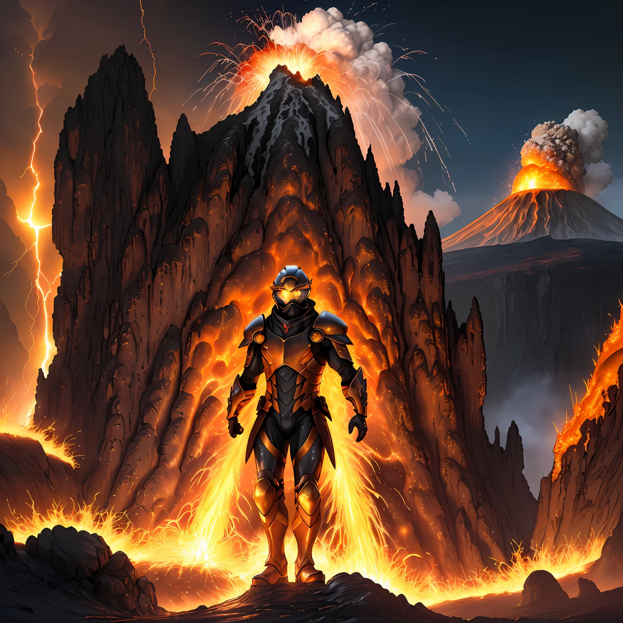 from head to toes, view from distance, masterpiece, the most beautiful artwork in the world, best quality, sharp focus, perfect face, detailed face, detailed eyes, 1boy, pale skin, adult, white hair, long hair, yellow eyes, wearing (thick red and black armored suit, goggles, heavy boots, ash covered helmet, scorched gloves, look of awe and wonder:1.2), (stands with arms outstretched, surveying the incredible scene, basked in the warm glow of the molten magma), detailed intricate scene of (Inside the active volcano, glowing pools of magma, towering walls of molten rock, intense heat, molten rivers flowing down the slopes, clouds of ash and steam, piles of volcanic rock, occasional eruptions of bright sparks and ash:1.2), 8k high definition, detailed hands, (covered face), dark fantasy, dnd