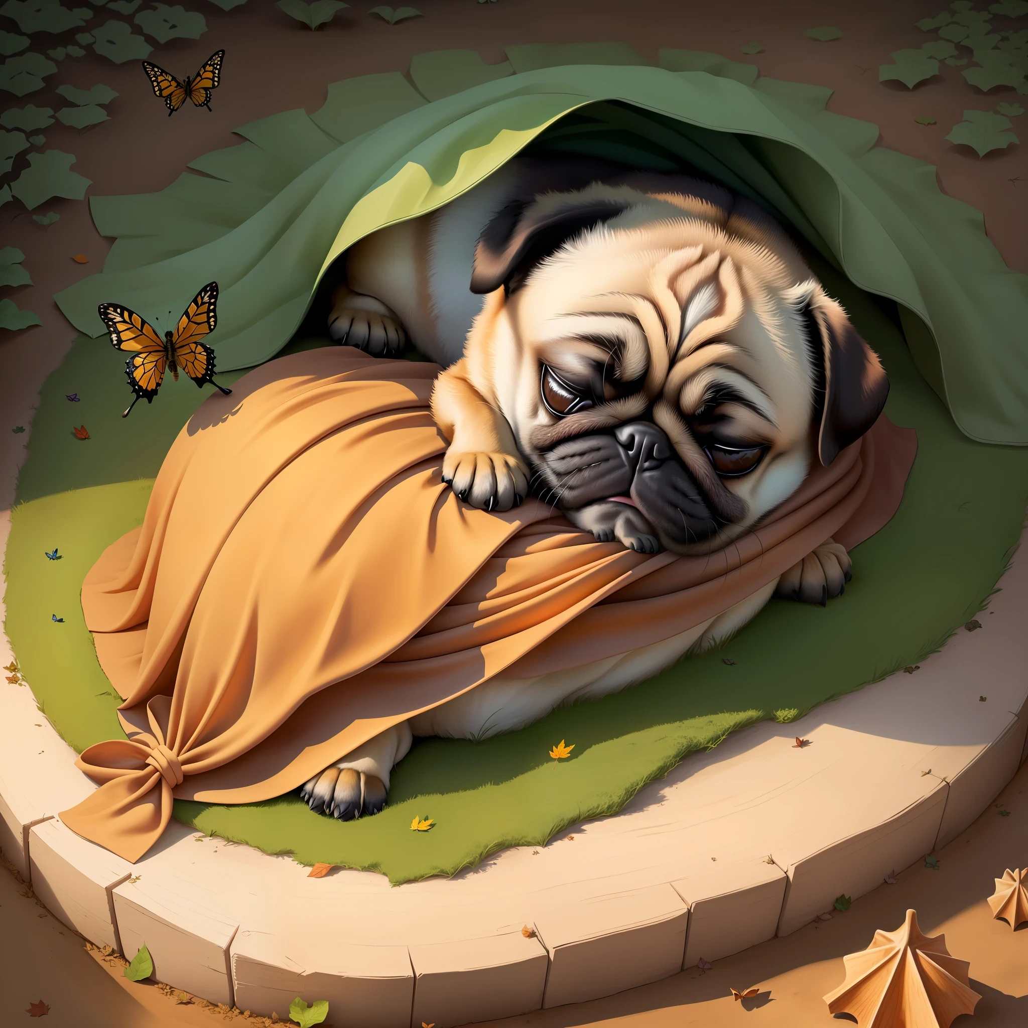 A sleeping little pug, lying on a large anthill under a blanket, a dog bone and leaves are lying next to the anthill, butterflies are sitting on the anthill, fantasy