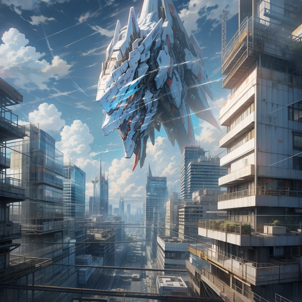 Sky, Clouds, holding_weapon, no_humans, Glow, Mecha, Architecture, Science Fiction, City, Reality --v6