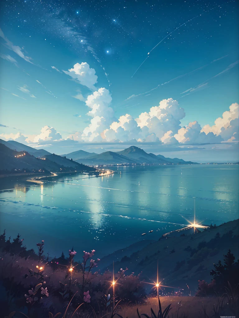 Summer, Makoto Shinkai's concept art, tumblr, magic realism, beautiful anime scenes, beautiful skies. by makoto shinkai, ( ( makoto shinkai ) ), anime background art, anime backgrounds, Makoto Shinkai's style, anime movie backgrounds, galaxy express, no humans. --v6