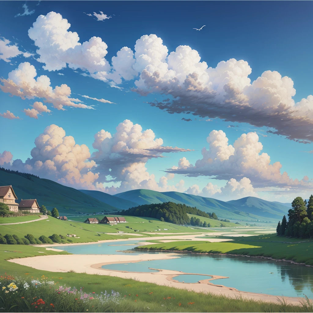 Realistic, authentic, beautiful and amazing landscape oil painting Studio Ghibli Hayao Miyazaki&#39;s petal grassland with blue sky and white clouds --v6