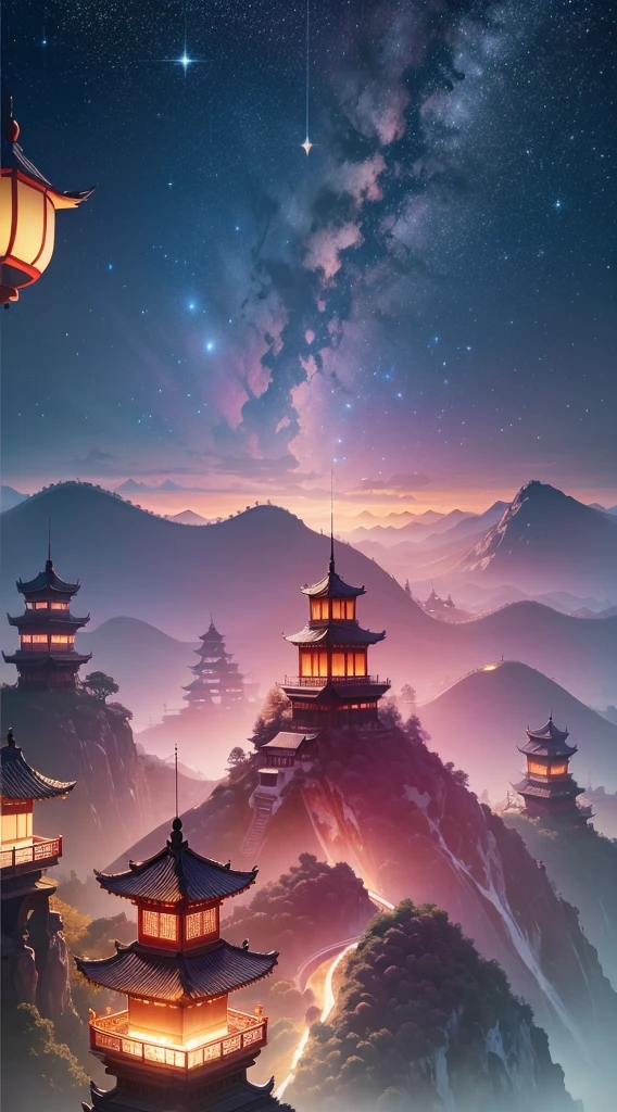 ((Top view, High angle view, Focus composition)), sunset gradient, moonlit night, halo, beautiful light, beautiful shadow, lighting effects, autumn, ancient Chinese architecture, many traditional Chinese buildings on floating islands, where there are many staggered buildings on high mountains, vast sea of clouds, spectacular waterfalls, buildings, lanterns and sky lanterns floating in the air, high mountains, starry sky, pastel colors, refreshing, beautiful, chinese landscape painting, movie light, high detail, (close up), (chiaroscuro), fine facial details, movie light, ( depth of field), UHD, --v6