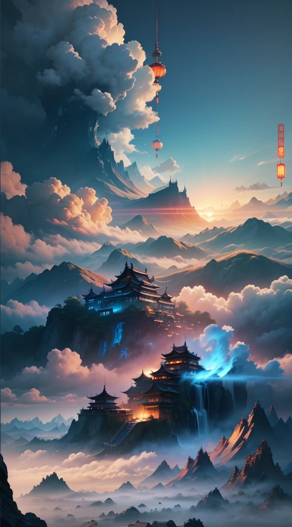 Chinese loft landscape under a sea of clouds, ink, monotonous colors, cool tones, martial arts movie story style, highly detailed, dynamic, epic, realistic lighting and shadows, inspired by Jin Yong, vibrant, 8k, Octane rendering, Unreal Engine, very detailed, realistic, Cry engine, masterpiece, best quality, --v 6