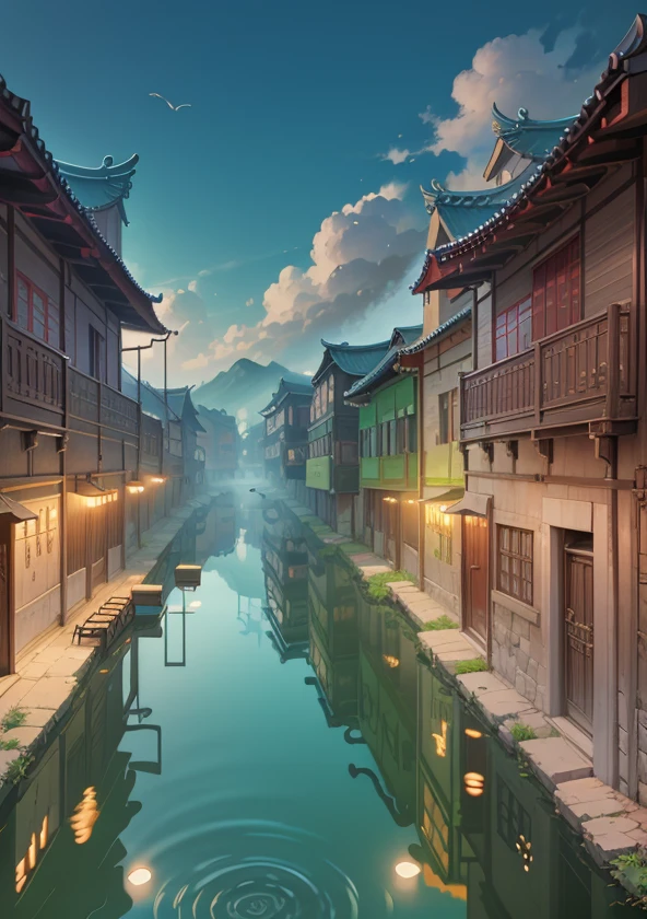A poster of Fenghui Ancient Town, with the theme of "Fenghui Ancient City is Youth", deeply explores the tourism and cultural heritage of Fenghui Town. With youth, creativity and vitality to tell the story of the rejuvenation of the ancient city, spread the harmonious and beautiful image of the ancient city, Fenghui has a deep cultural heritage, rich tourism resources, Fenghui Town seeks prosperity with ancient times, promotes the in-depth integration and development of the cultural tourism industry, and is committed to building a youthful and vibrant thousand-year-old city in the Yangtze River Delta region. Describe the lively scene of Fenghui Ancient City, long perspective, there is a small river in the axis of the painting, boats come and go in the small river, gray tile white walls, Chinese-style architecture, (an arch bridge spans both sides of the river, 7~8 pedestrians enjoy the scenery on the arch bridge), pedestrians on both sides of the bank come and go, ink painting style, simple Chinese architecture, super detailed, epic communication, huge paintings, highest quality, supersaturated, 32 --v 6