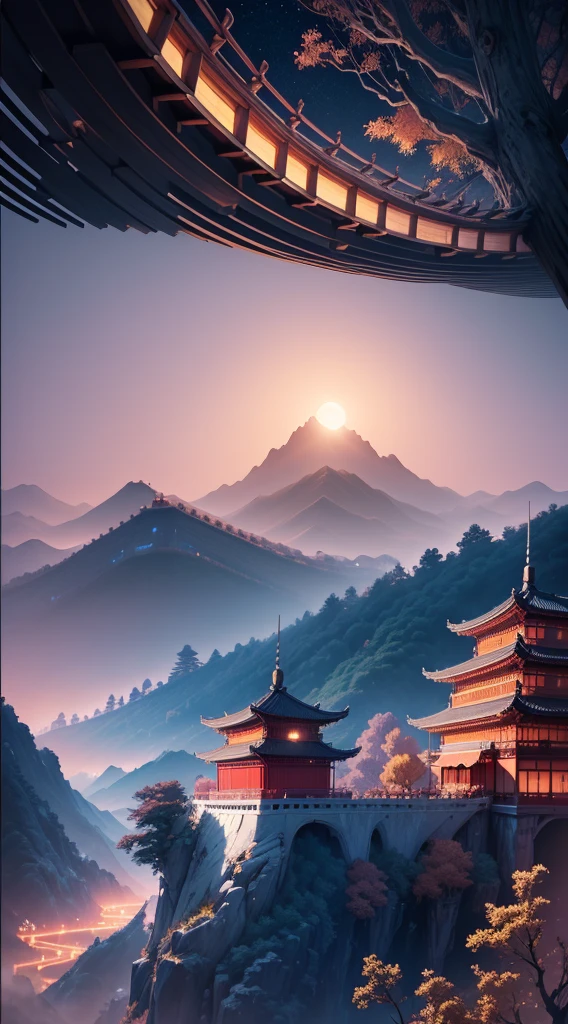 ((Top view, High angle view, Focus composition)), sunset gradient, moonlit night, halo, beautiful light, beautiful shadow, lighting effects, autumn, ancient Chinese architecture, many traditional Chinese buildings on floating islands, where there are many staggered buildings on the high mountains, vast sea of clouds, spectacular waterfalls, high mountains, starry sky, pastel colors, refreshing, beautiful, Chinese landscape painting, cinematic light, high detail, (close-up), (chiaroscuro), fine facial detail, cinematic light, (depth of field), UHD, --v6