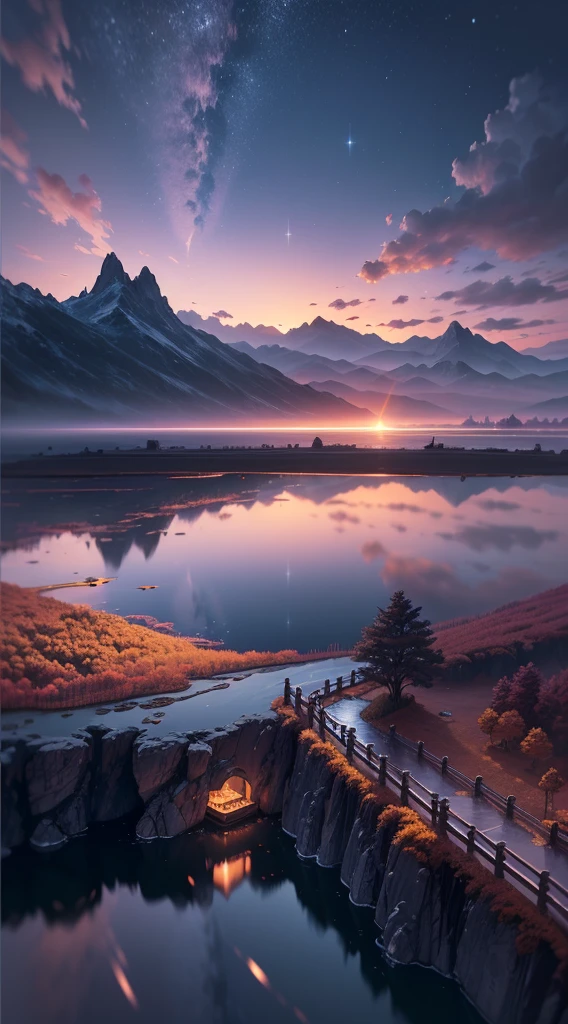 Sea of clouds in the distance, ((focus composition)), sunset gradient, moonlit night, halo, beautiful light and shadow effects, (autumn), (floating island with many traditional Chinese buildings), buildings on the mountain, waterfall, clouds, alpine, pastel color, refreshing, beautiful, chinese landscape painting, movie lighting, movie lighting, high detail, (close up), (chiaroscuro), (depth of field), extreme detail, realistic lighting, epic composition, (intricate details), (Super Detail: 1.2), Art Station, (Masterpiece, Best Quality, Ultra HD, 32k,--v6.)