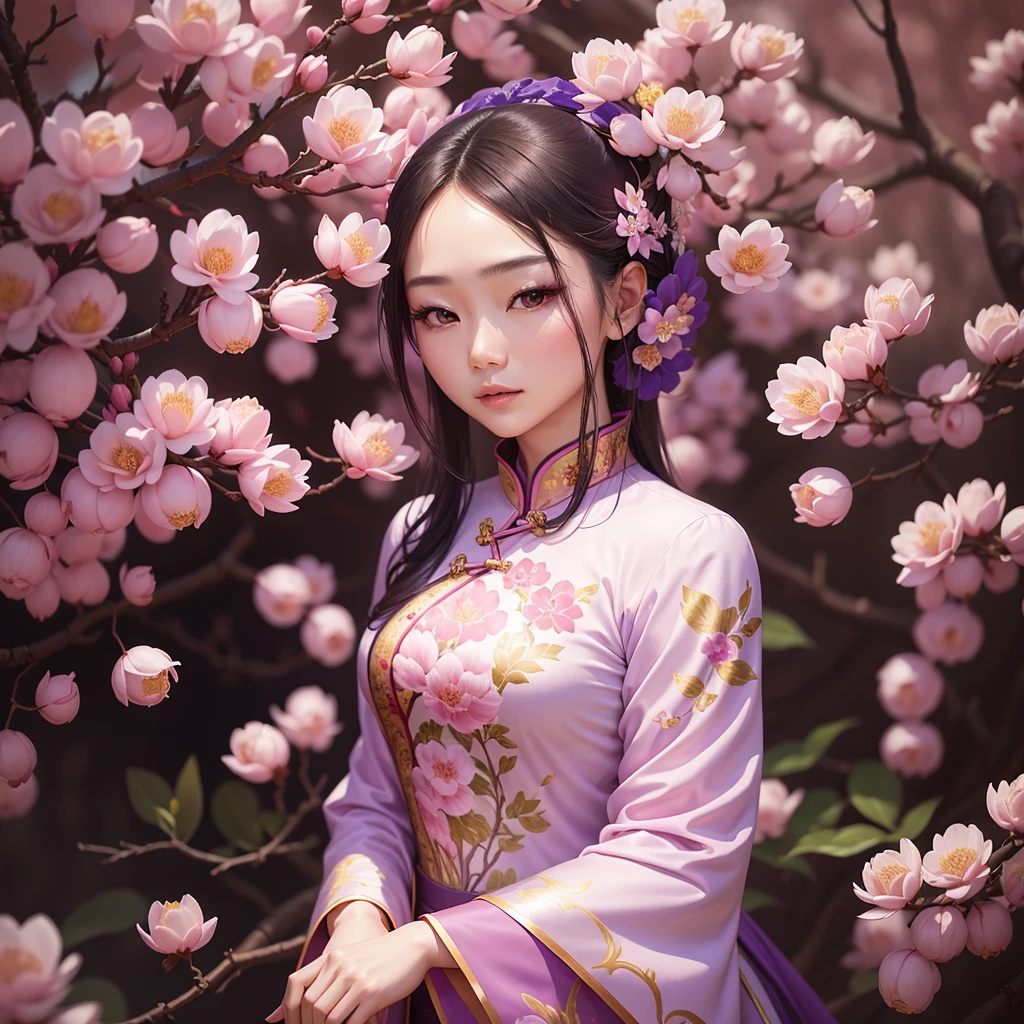 A Chinese beauty, wearing a cheongsam with long saffle sleeves, gentle and delicate, flowing long skirt, soft face, low-hanging eyes, pink-purple magnolia surrounded by magnolia, masterpiece, super detailed, epic composition, high quality, highest quality, 4k --v 6