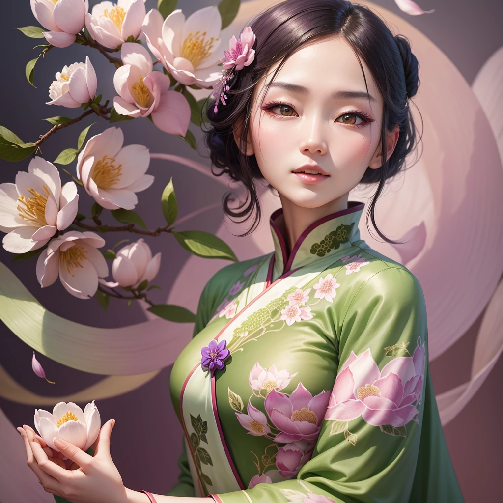 A classical Chinese beauty, wearing a cheongsam with pale green long stomatological sleeves, gentle and delicate, flowing, soft face, low-hanging eyes, several petals of pink-purple magnolia flying in the air, masterpiece, super detailed, epic composition, high quality, highest quality, 4k --v 6