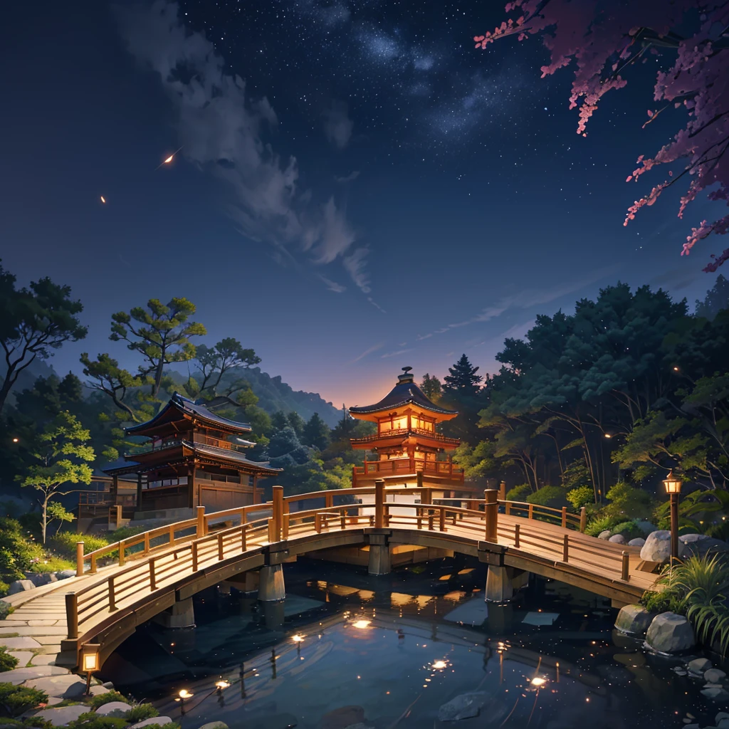 Japanese garden, small bridge and flowing water, night starry sky, summer night sky, fireflies, bamboo forest, extreme details, realistic light, epic composition, (complex details), (complex design, ultra-detail: 1.2), art station, (Masterpiece, Best Quality), Ultra HD, 32k --v 6