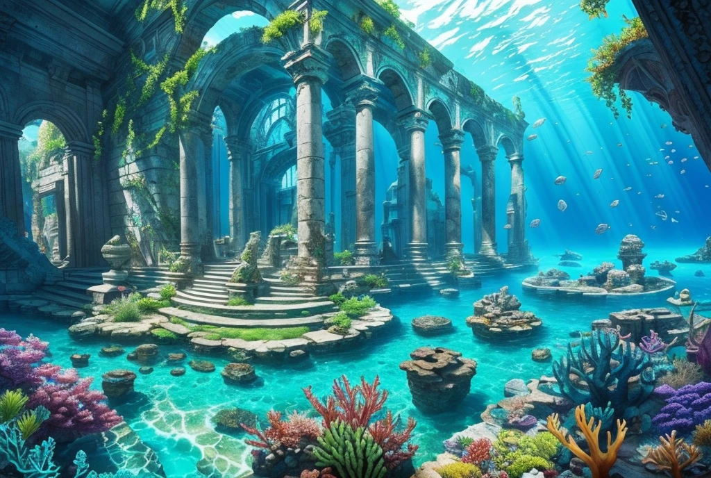 Underwater world Atlantis, deep sea, epic reality, (hdr: 1.4), dappled sunlight, cool colors, ancient ruins, ocean-type houses full of design sense, fantastic and incredible, epic composition, (complex Detail), (Complicated Detail, Ultra Detail: 1.2), Art Station, (Masterpiece, Best Quality) --v 6